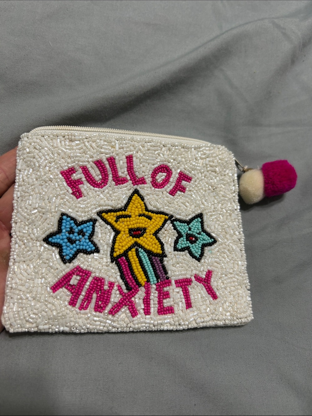 Full of Anxiety Beaded Coin Purse - White with Pink Accents